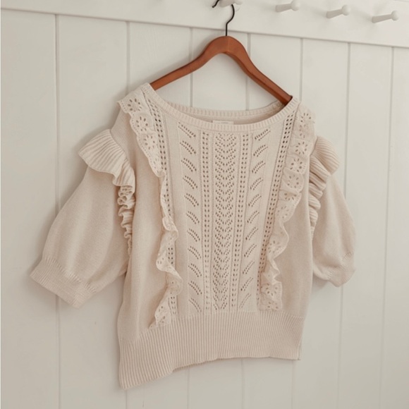 Lauren Conrad Eyelet Lace Knit Ruffles Crochet Short Sleeve Sweater Neutral XXL - Picture 4 of 13